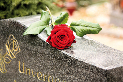 Bestattung: Eine rote Rose auf einem Grabstein.