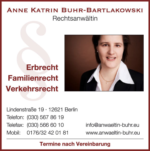 Anzeige der Rechtsanwältin Anne Katrin Buhr-Bartlakowski – Erbrecht, Familienrecht, Verkehrsrecht