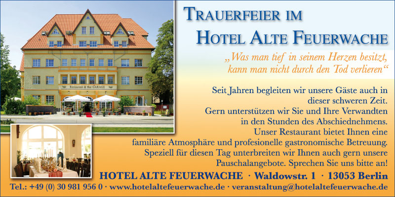 Anzeige Hotel alte Feuerwache zum Thema Trauerfeier