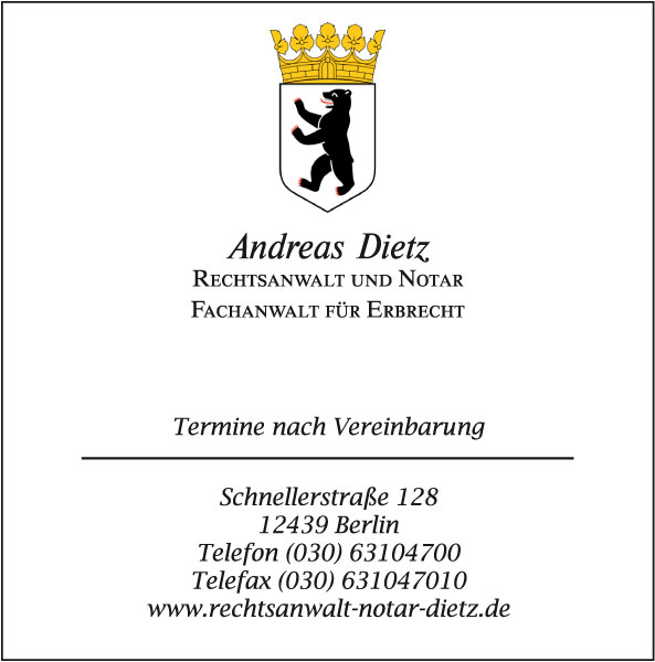 Anzeige des Rechtsanwalt Andreas Dietz – Fachanwalt für Erbrecht