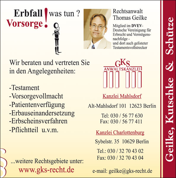 Anzeige von Rechtsanwalt Thomas Geilke – Testament, Vorsorgevollmacht, Patientenverfügung, Erbscheinsverfahren