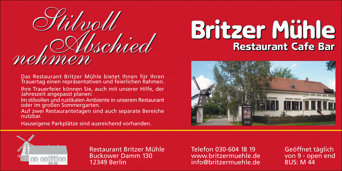 Anzeige Restaurant Britzer Mühle zum Thema Trauerfeier