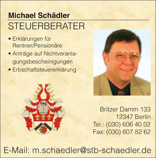 Anzeige von Michael Schädler Steuerberater – Erschaftssteuererklärungen, Erklärungen fürRentner/Pensionäre
