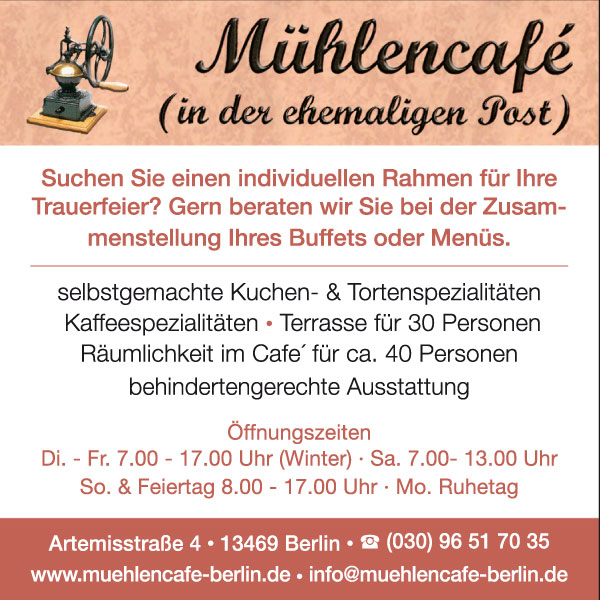 Mühlencafé in Berlin-Reinickendorf bietet individuellen Rahmen für die Trauerfeier