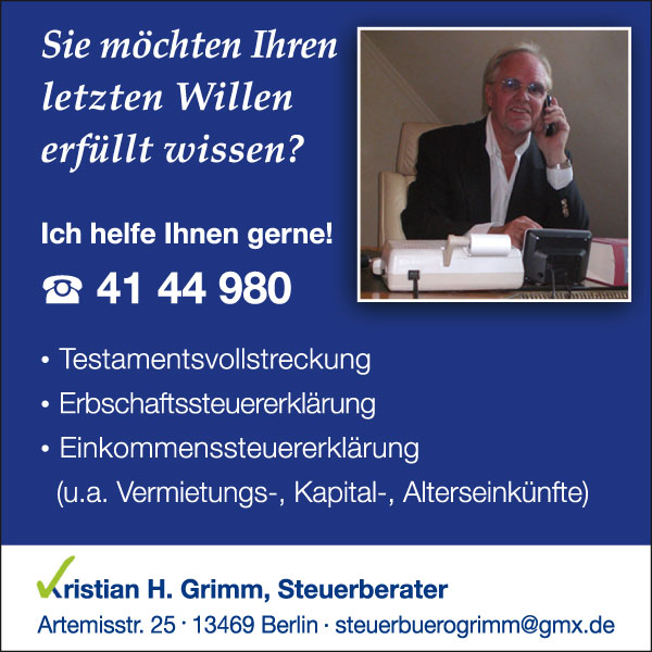 Steuerberater Grimm,  – Testamentsvollstreckung, Erbschaftssteuererklärung, Einkommenssteuererklärung: Berlin-Reinickendorf/Waidmannslust