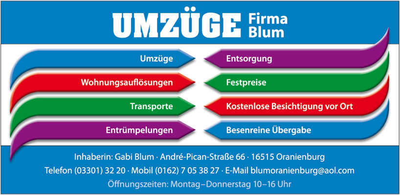 Umzüge Blum in Oranienburg: u. a. Wohnungsauflösungen und Entrümpelungen