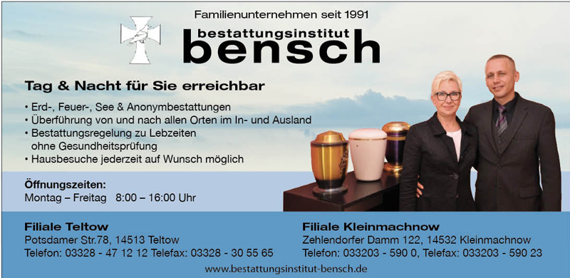 Bestattungsinstitut Bensch – Familienunternehmen seit 1991 mit Filialen in Potsdam, Kleinmachnow und Teltow