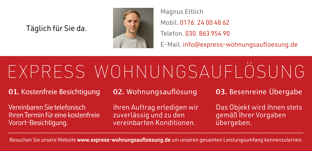 Express Wohnungsauflösung Magnus Ettlich in Berlin – kostenfreie Besichtigung, Wohnungsauflösung, besenreine Übergabe